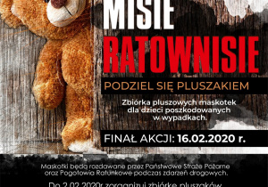 Na plakacie jest napisane Misie ratownisie, podziel się pluszakiem.