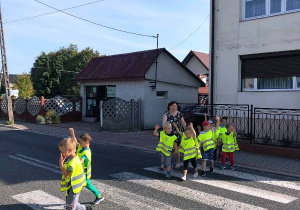 Dzieci ubrane w kamizelki odblaskowe przechodzą przez ulicę na pasach.