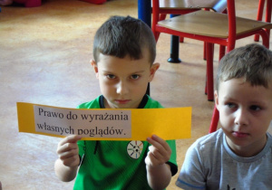 Chłopiec trzyma żółtą kartke na której jest napisane Prawo do wyrażania własnych poglądów.