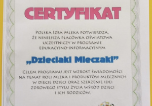 Certyfikat Dzieciaki Mleczaki