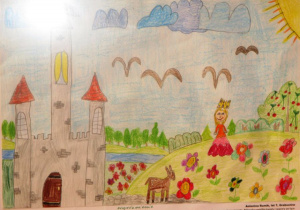 Rysunek dziecka przedstawia zamek i polanę
